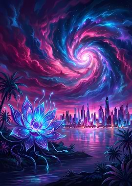 Neon Lotus Cityscape Dreamscape