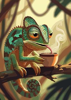 Chameleon Drinking Coffee