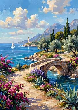 Coastal Landscape Painting with Stone Bridge