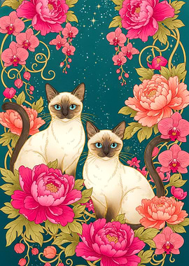 Siamese Cats and Floral Arrangement