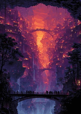 Fantasy Cityscape with Bridges and Waterfalls