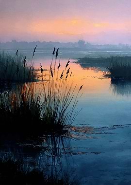 Sunset over the marsh landscape painting