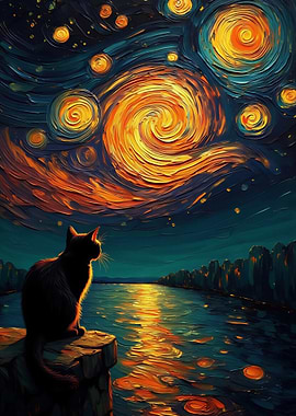 Cat gazing at starry night painting