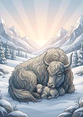 Yak and Calf in Snowy Mountains