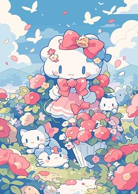 Cute Hello Kitty Character in Flower Garden