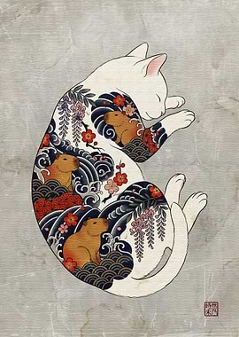 Ukiyo-e Cat with Capybaras and Waves