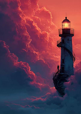 Lighthouse in the Clouds at Sunset