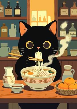 Black Cat Eating Ramen Illustration