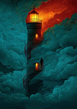 Lighthouse in the Clouds with Stairs