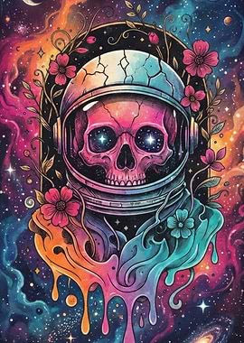 Cosmic Skull Astronaut with Flowers