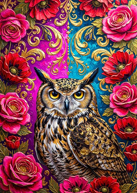 Owl Portrait with Floral Ornament
