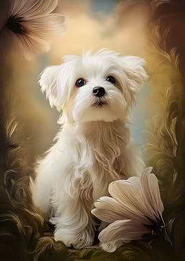 Maltese Dog puppy with Flowers