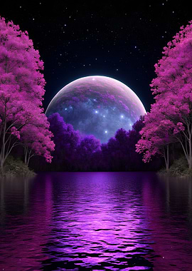 Purple Lake with Moon and Trees
