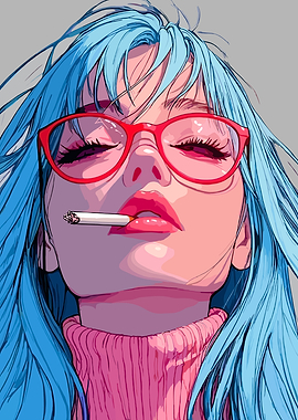 Blue-haired woman with cigarette art