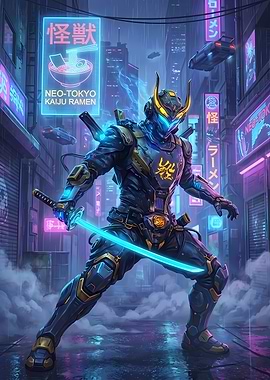 Cyberpunk Samurai in Neo-Tokyo Alley