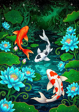 Koi Fish Pond with Lotus Flowers