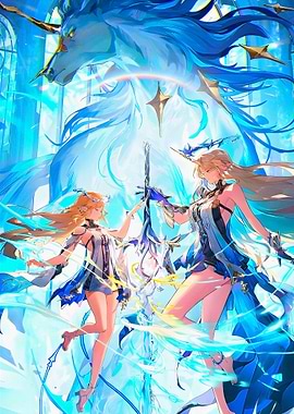 Anime Girls with Unicorn Digital Art