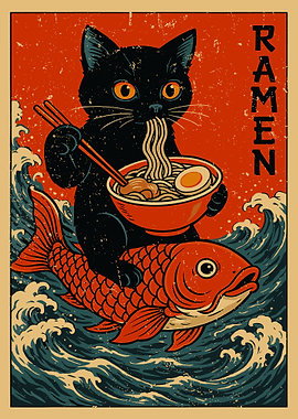 Black Cat Ramen Poster, Koi Fish Japanese Art Print, Cute Anime Food Wall Decor