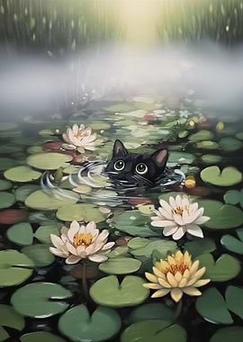 Black cat swimming in lily pond