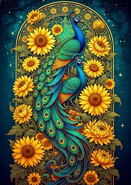 Peacocks and Sunflowers Art Nouveau Style