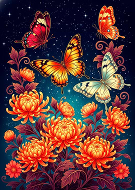 Butterflies and Chrysanthemums in Starry Night