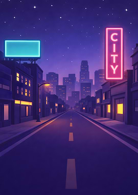 Night Cityscape with Neon Signs