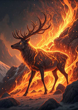Fiery Stag in Mountain Landscape