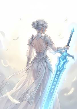 White-haired warrior with glowing sword