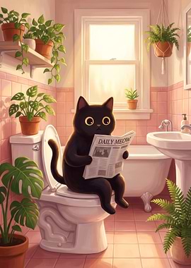Cat Reading Newspaper on Toilet