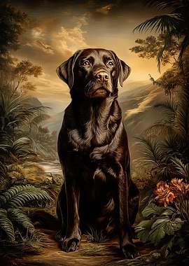 Chocolate Labrador in Tropical Landscape