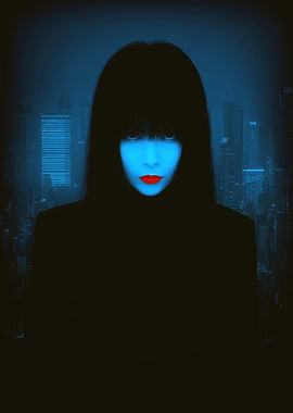 Blue-faced woman in city background