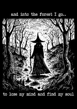 Witch Forest Poster, Black and White Magical Art Print, Mystic Quote Wall Decor