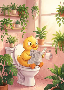 Duck Reading Newspaper on Toilet