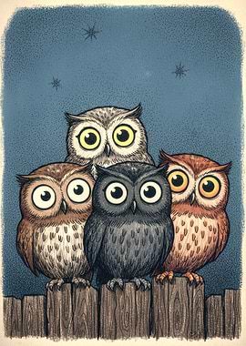 Four Owls on a Fence