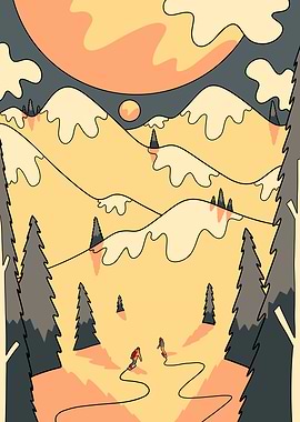 Skiing in the Mountains Illustration