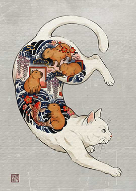 Cat with Capybara Tattoo Illustration