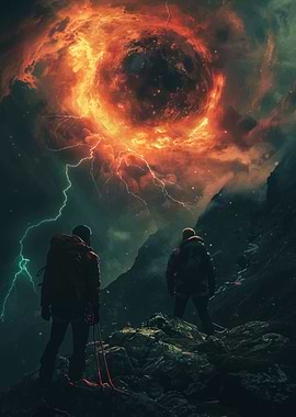 Mountain Climbers and Fiery Sky