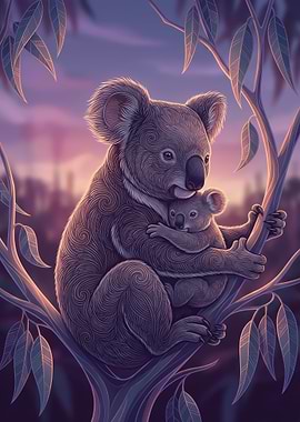 Koala Mother and Baby in Tree