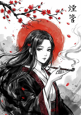 Anime Girl Smoking Pipe Cherry Blossoms