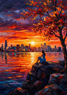 Cityscape Sunset Painting with Woman