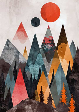 Abstract Mountain Landscape with Geometric Shapes