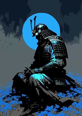 Seated Samurai with Blue Moon
