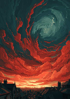 Dramatic Red Clouds Over Cityscape