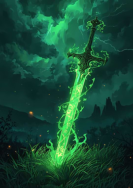 Glowing Sword in Grassy Field