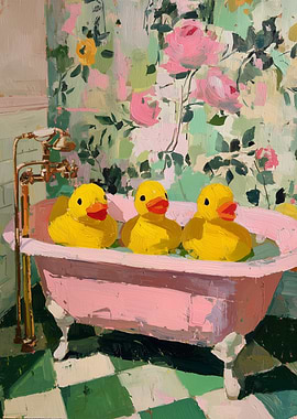 Rubber Ducks in Pink Bathtub Painting
