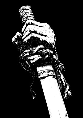 Hand gripping sword katana