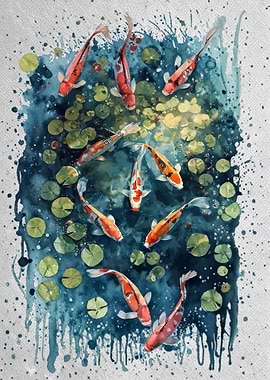 Koi Fish Pond Watercolor Painting