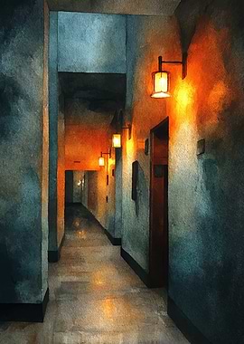 Watercolor Hallway with Wall Lamps