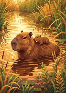 Capybara with Pup in Pond