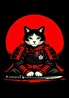 Samurai Cat with Katana and Red Sun